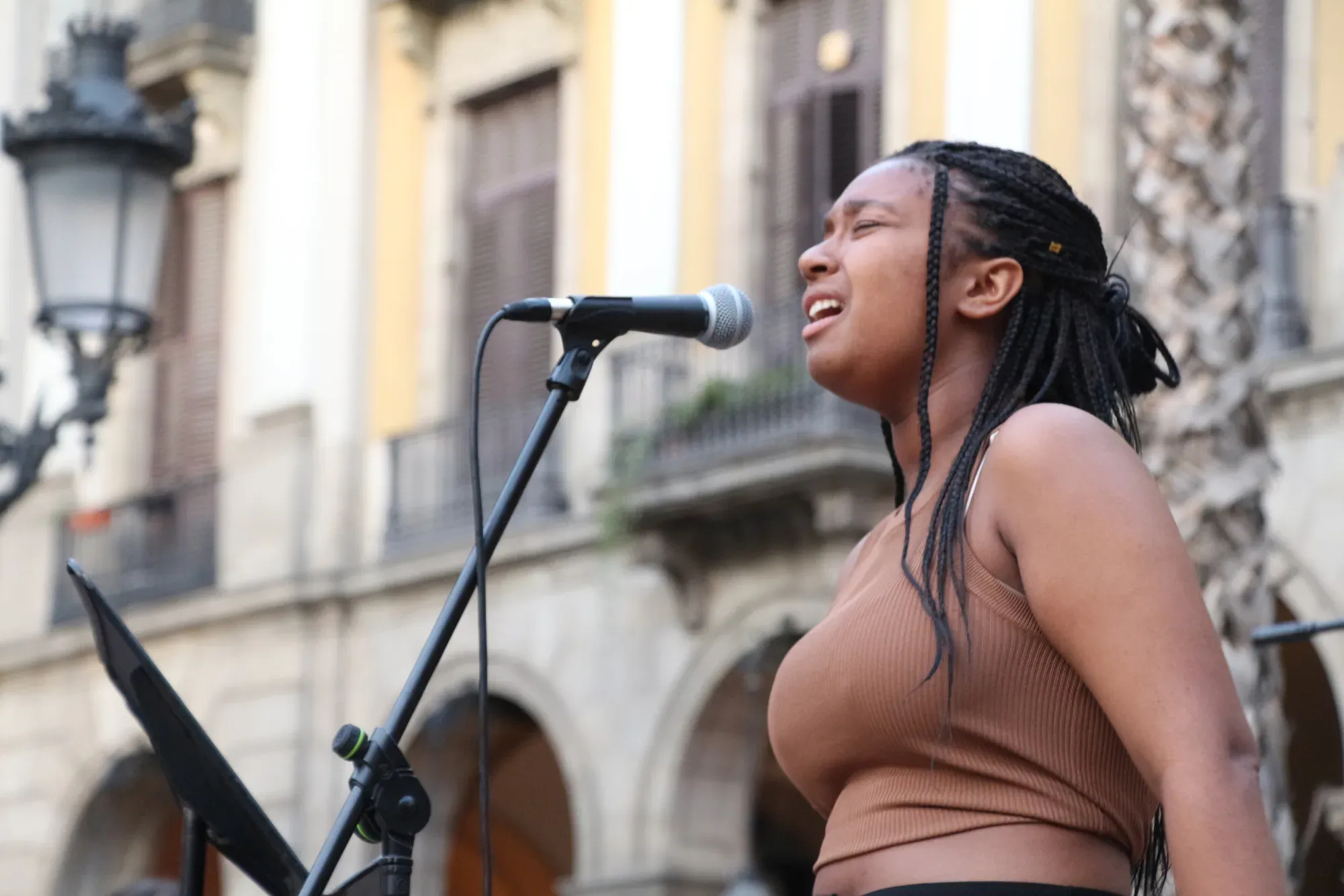 Cantant actuant amb micròfon en un concert a l’aire lliure